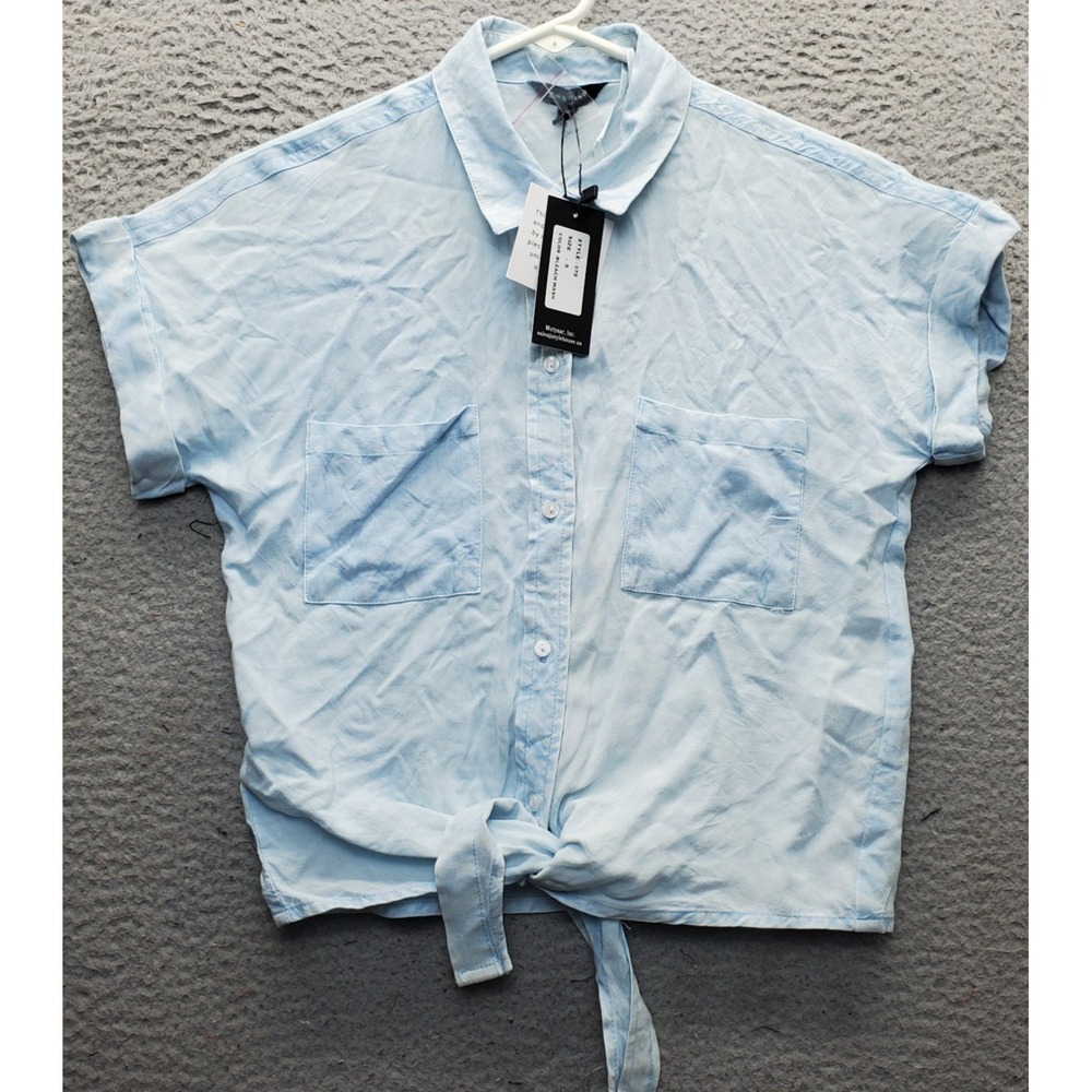 Sim & Sam Shirt Top Womens S Blue Short Sleeve Cuffed Knotted Hem Button‎ Front